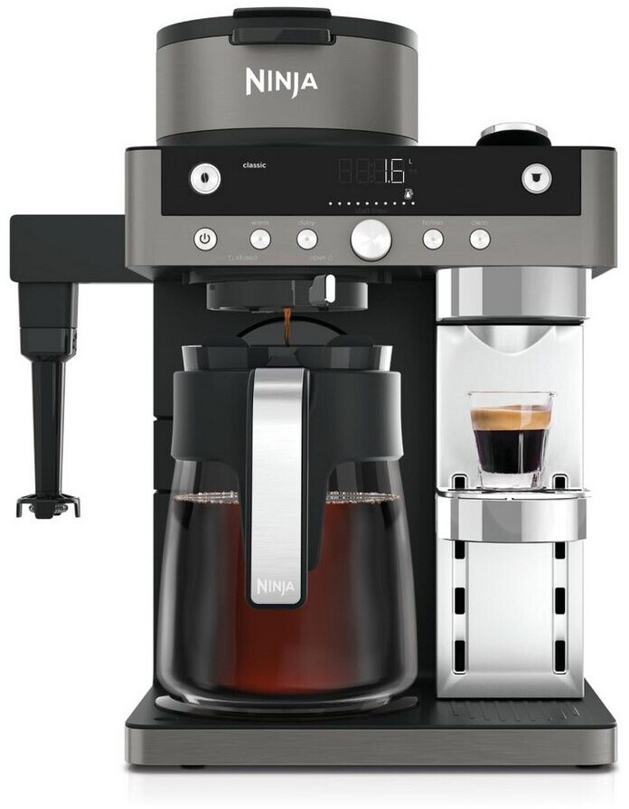 قهوه ساز دو کاره فیلتردار و کپسولی نینجا آمریکا Ninja CFN802EU پرستیژ با کف ساز شیر یکپارچه برای لاته آیس کافی و فلت وایت نقره ای